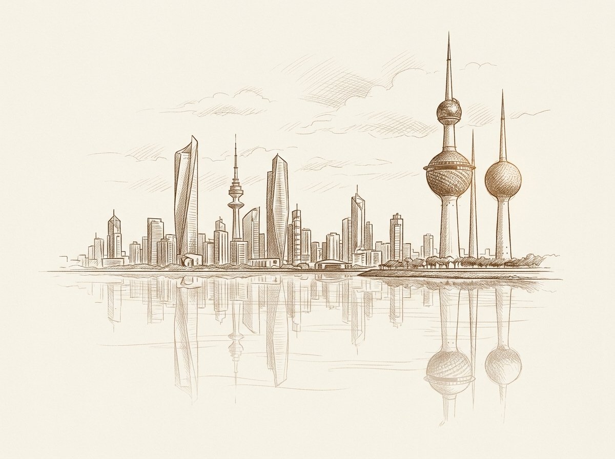 أبراج الكويت والانعكاس المائي